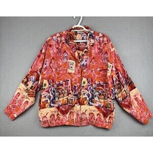 VTG Silk Jacket Women's L Silk Bomber All Over Print Pockets Natalie & Me Travel